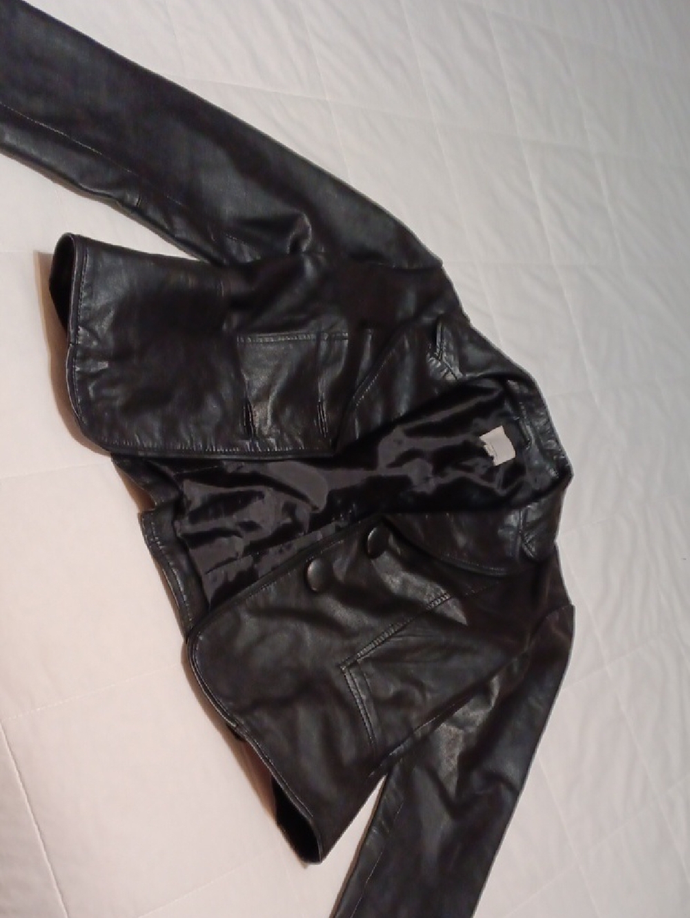 Women's Black Leather Jacket - Classic Button-Front